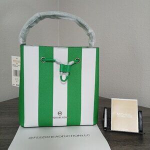 Michael Kors Suri Medium Striped Green and White Bucket Bag